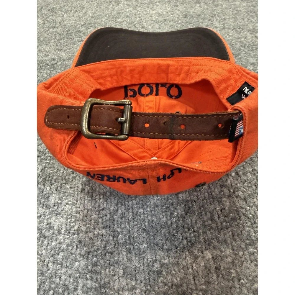 Vtg Polo Jeans Hat Mens Leather Strap Back Orange Dad‎ Cotton Twill